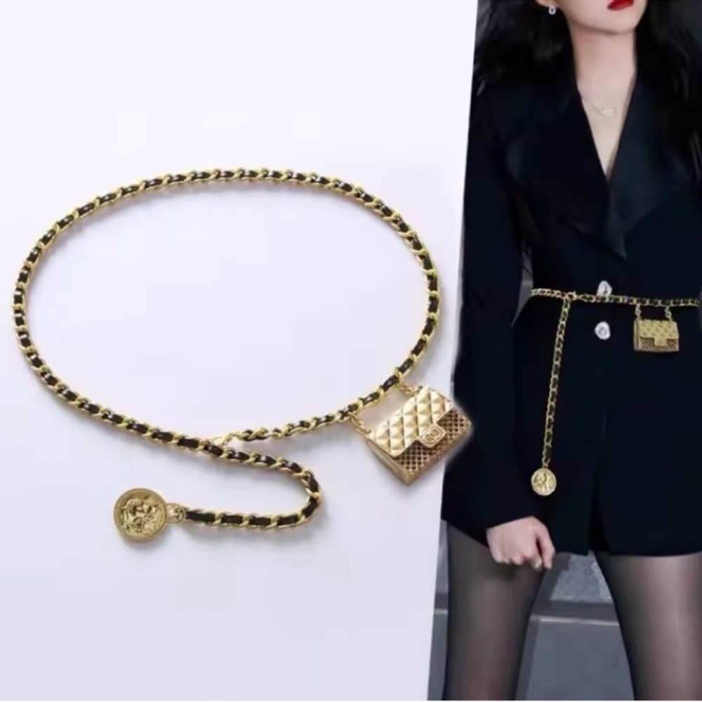 New! Black Gold Chain Belt with Mini Bag